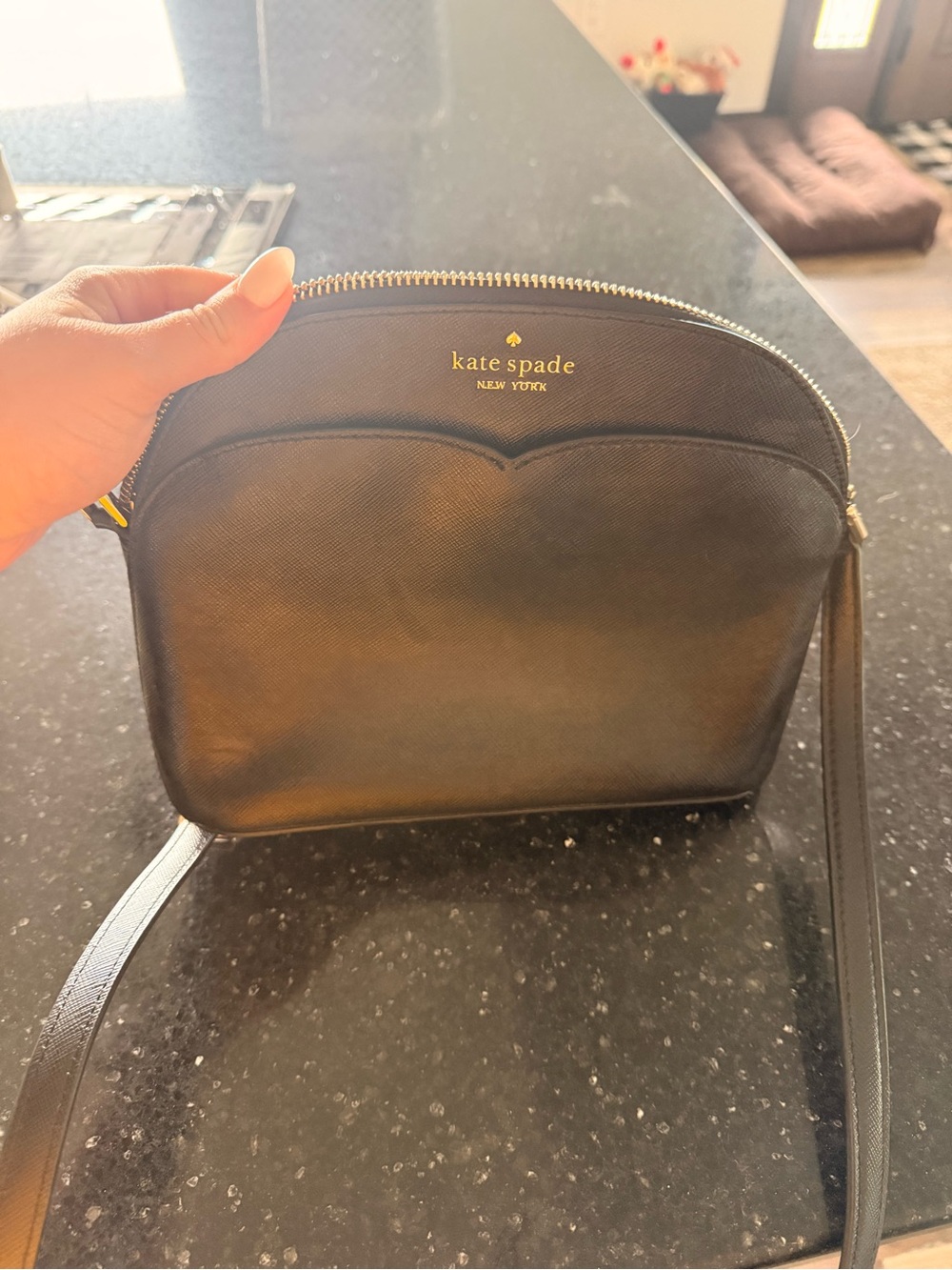 kate spade black saffiano crossbody dome bag with gold logo